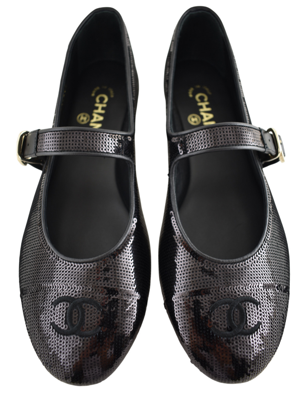 Chanel 25S Black Sequins CC Logo Mary Jane Strap Ballerina Ballet Flat 40